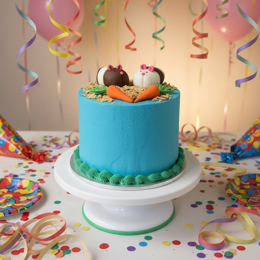 A cylindrical blue cake decorated with green piped frosting trim, topped with carrot and guinea pig figurines, displayed on a round wooden board against a light wall.